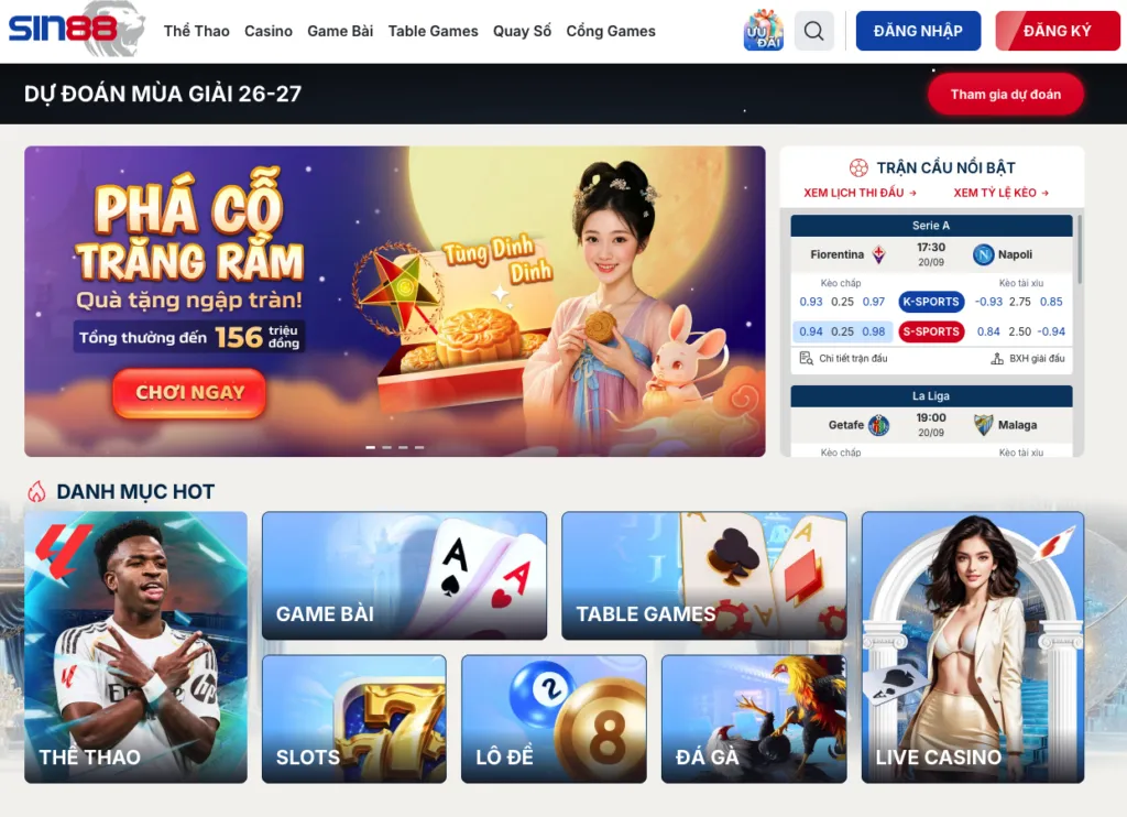 Giao diện trang chủ Sin88